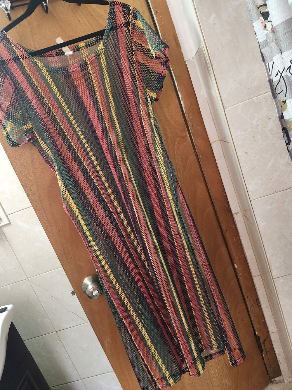 Multicolor Striped Mesh Maxi Beach Cover Up - Short Sleeve